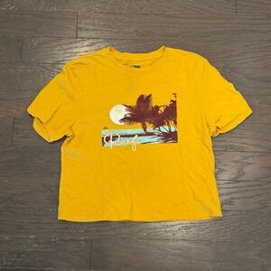 Reef Womens Graphic Crop Tee Mustard Yellow Tropical Palm Tree Surf Shirt Small